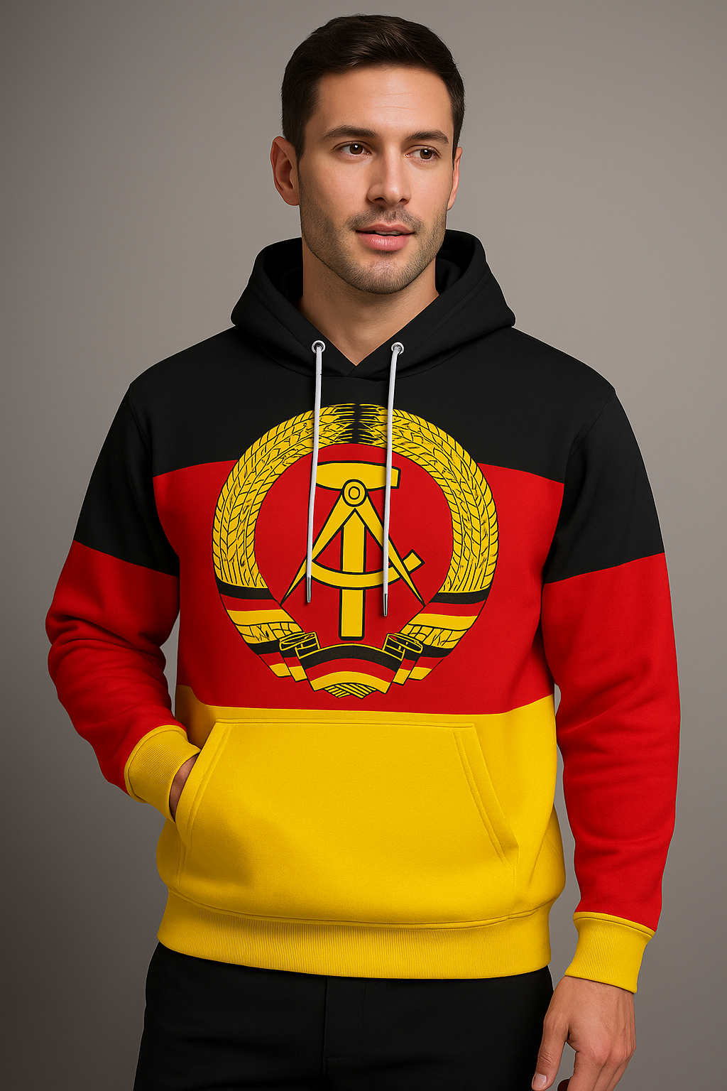 DDR Hoodie mit Flagge – warm, robust, vollflächig bedruckt
