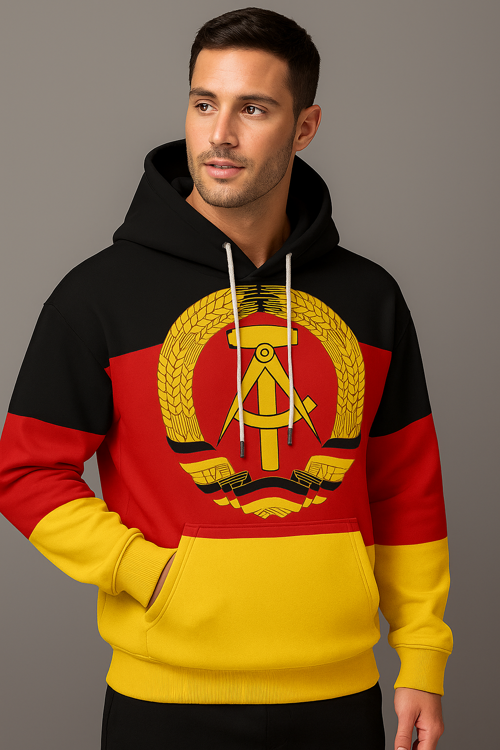 DDR Hoodie mit Flagge – warm, robust, vollflächig bedruckt