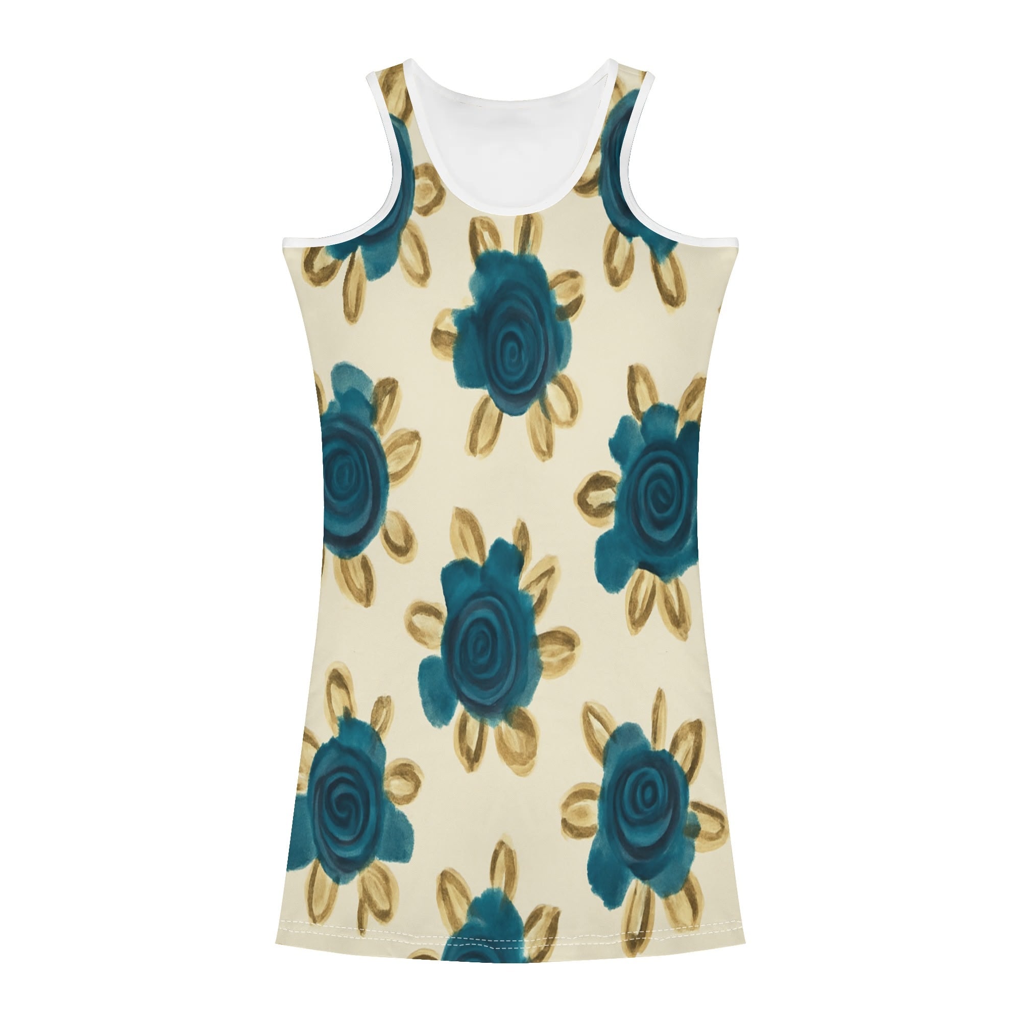 DDR Retro-Bodycon Minikleid – Blaue Blume trifft auf Kurve