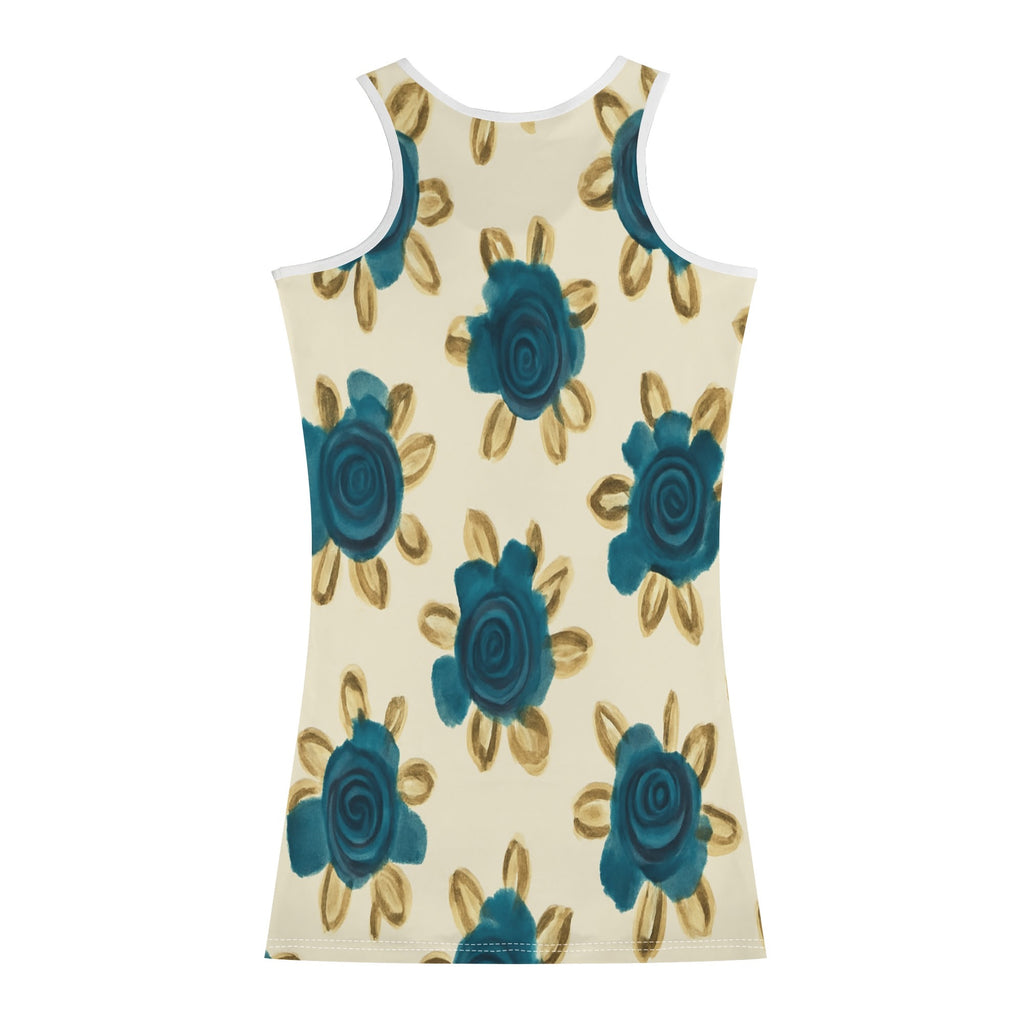 DDR Retro-Bodycon Minikleid – Blaue Blume trifft auf Kurve