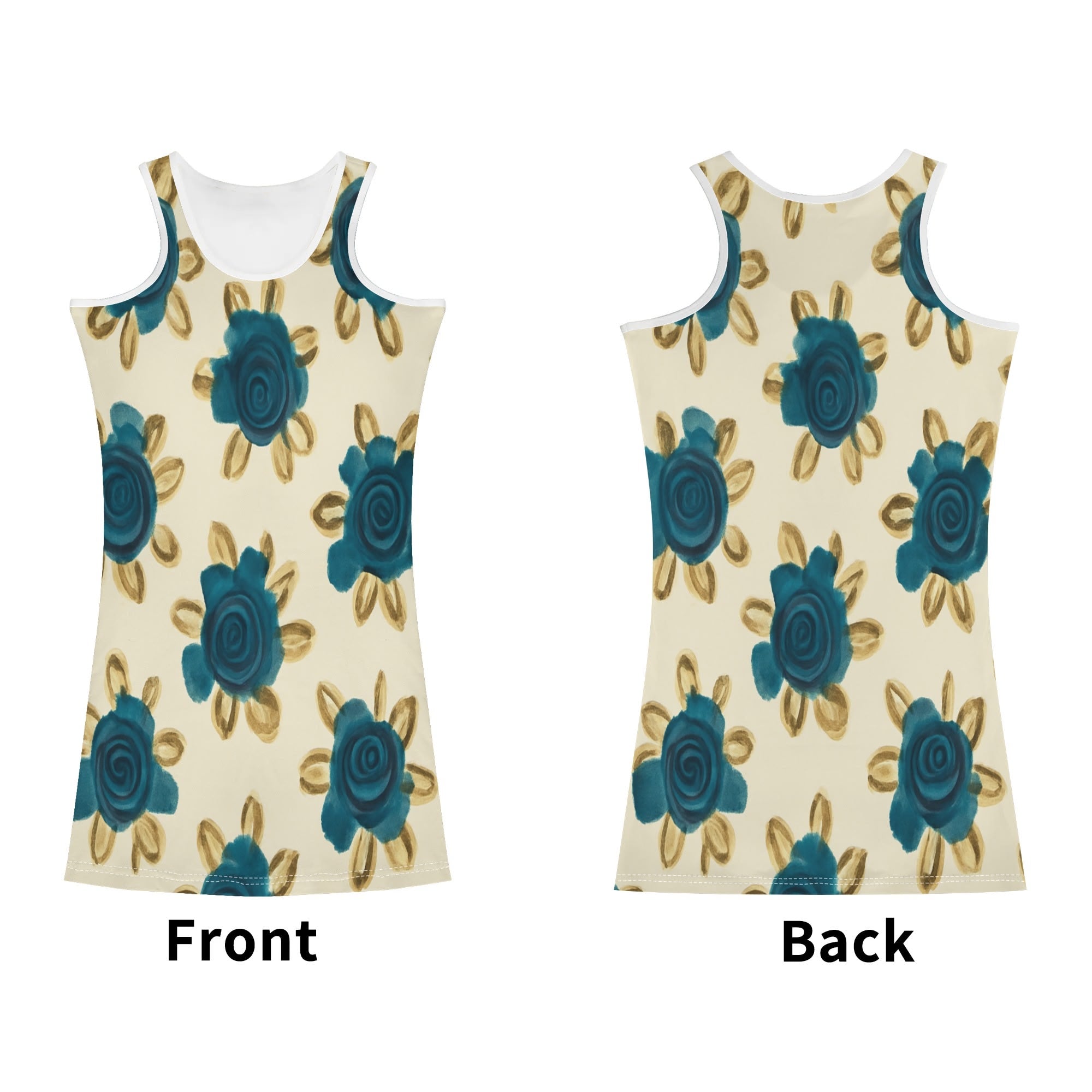 DDR Retro-Bodycon Minikleid – Blaue Blume trifft auf Kurve
