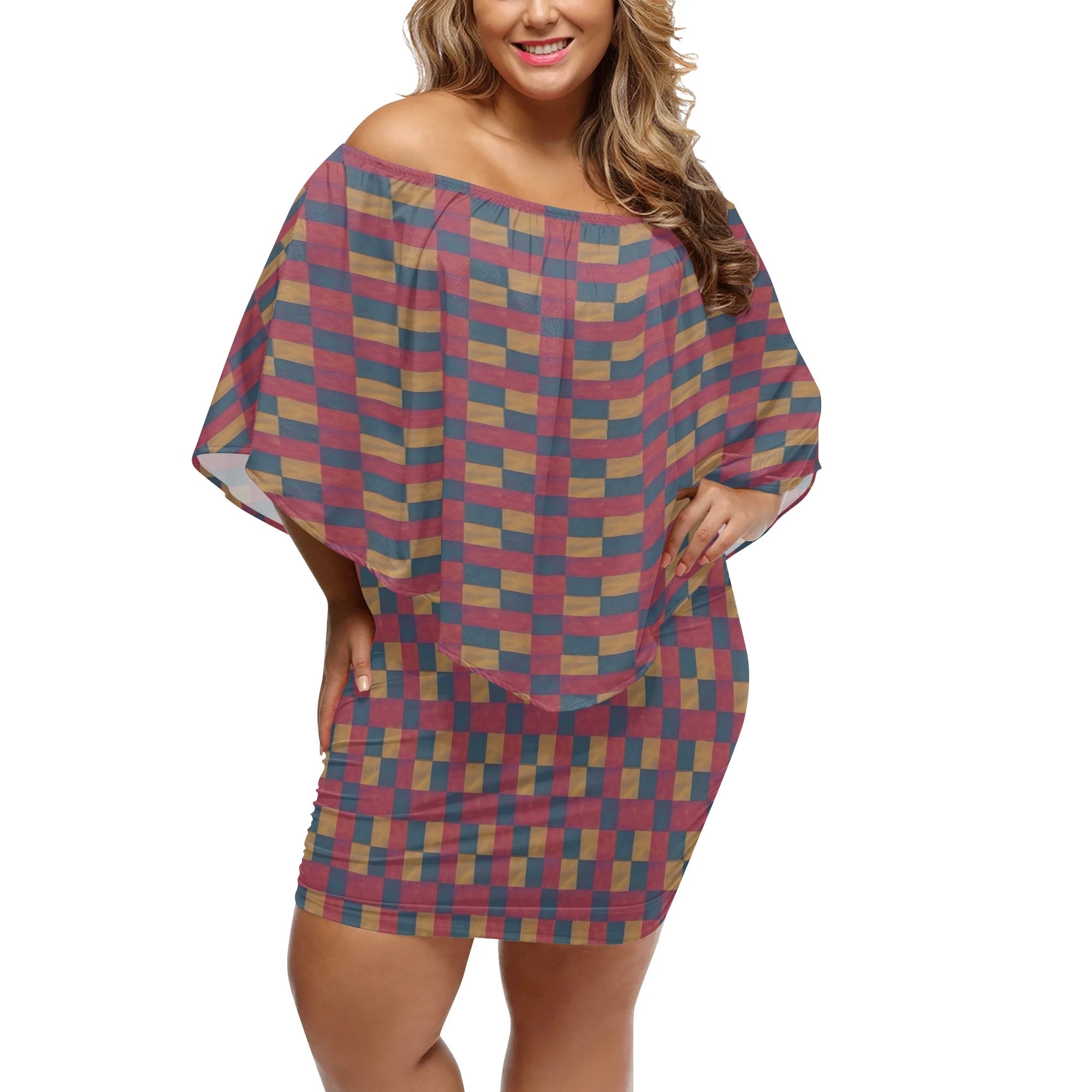 DDR-Karo Kleid – Off-Shoulder mit Retro-Vibes in Rost & Blau