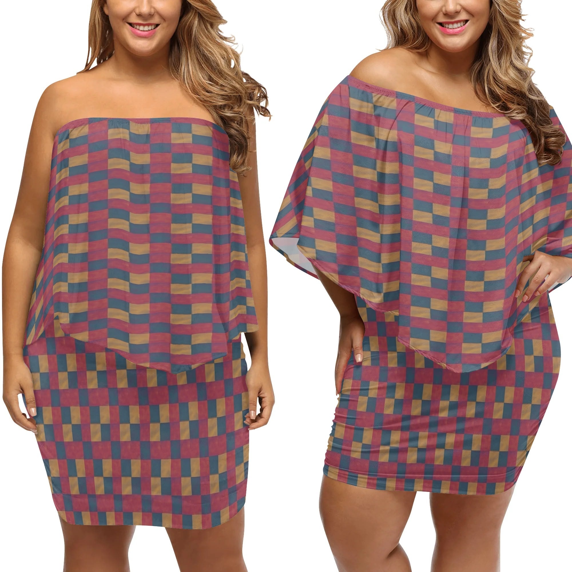 DDR-Karo Kleid – Off-Shoulder mit Retro-Vibes in Rost & Blau
