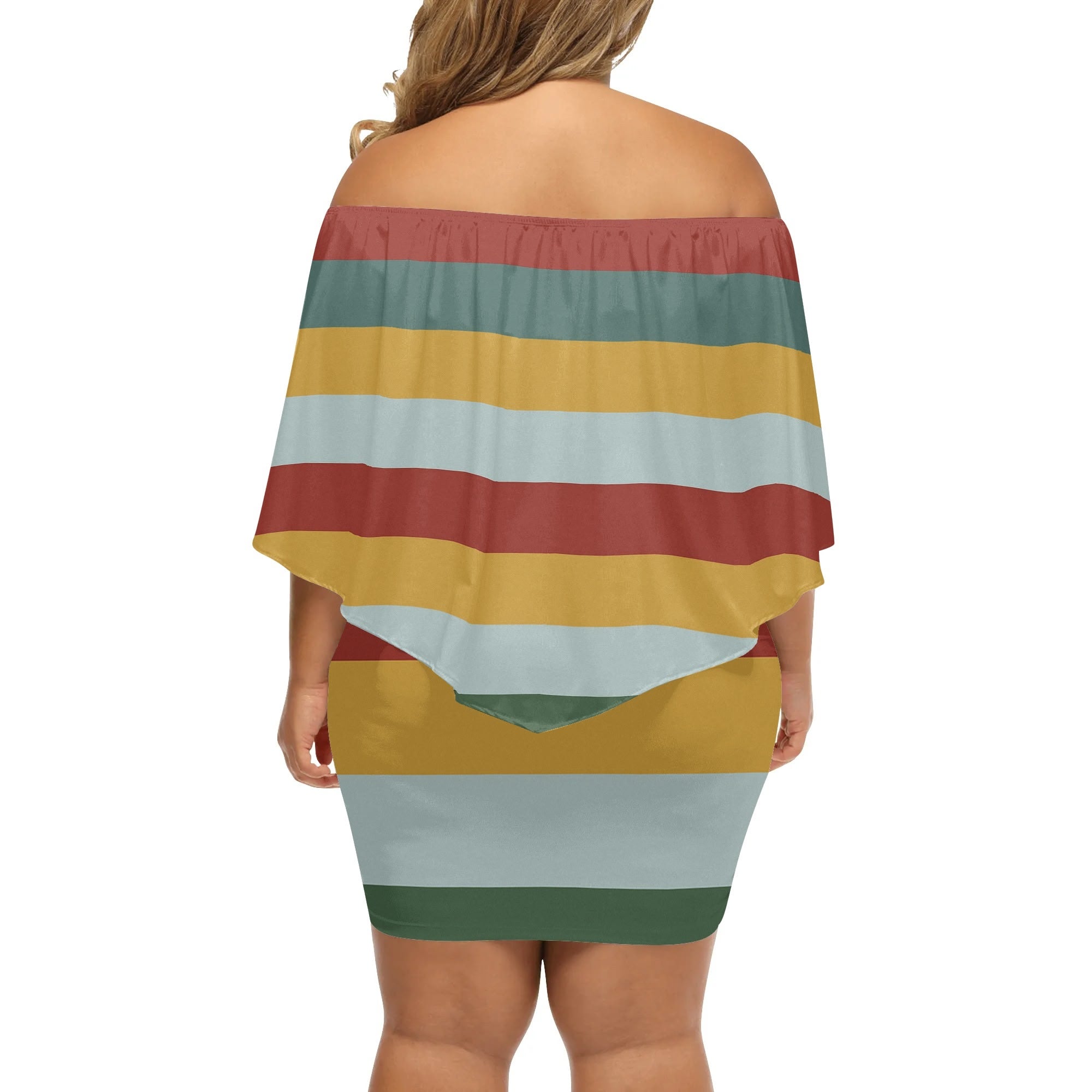 DDR-Retro-Streifen Kleid – Off-Shoulder-Design für kurvige Frauen