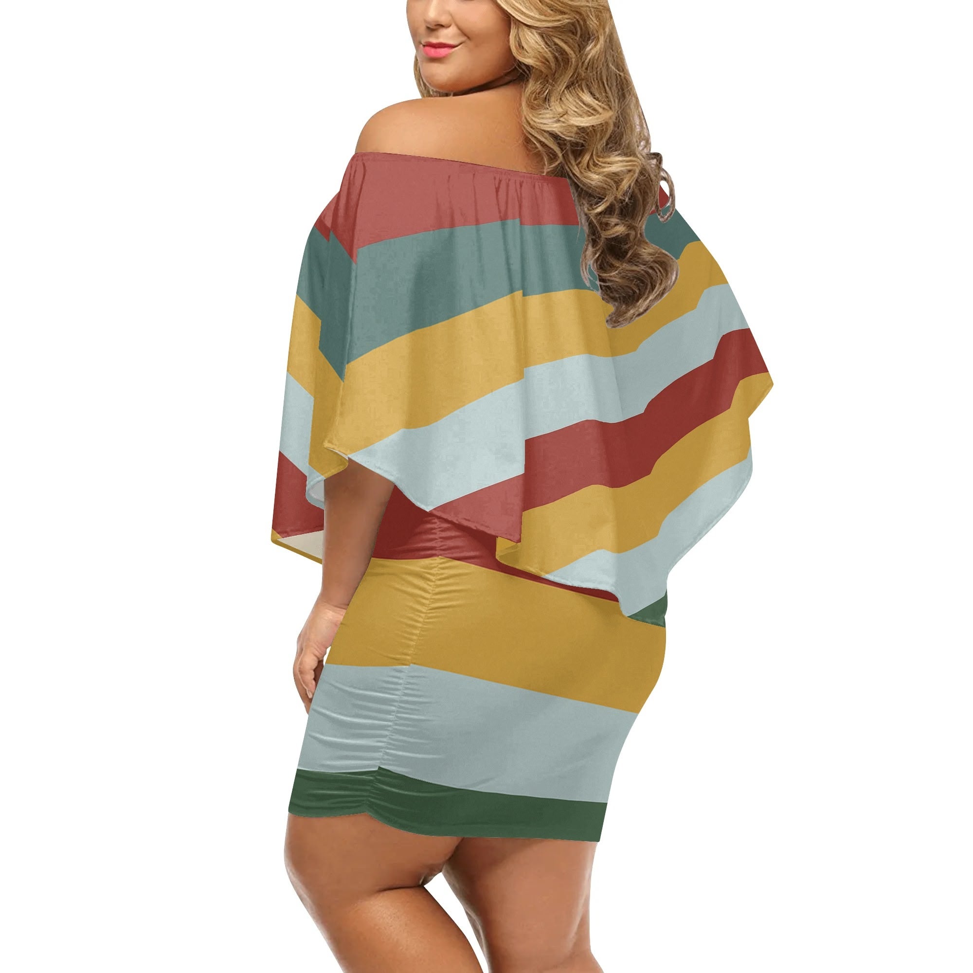 DDR-Retro-Streifen Kleid – Off-Shoulder-Design für kurvige Frauen