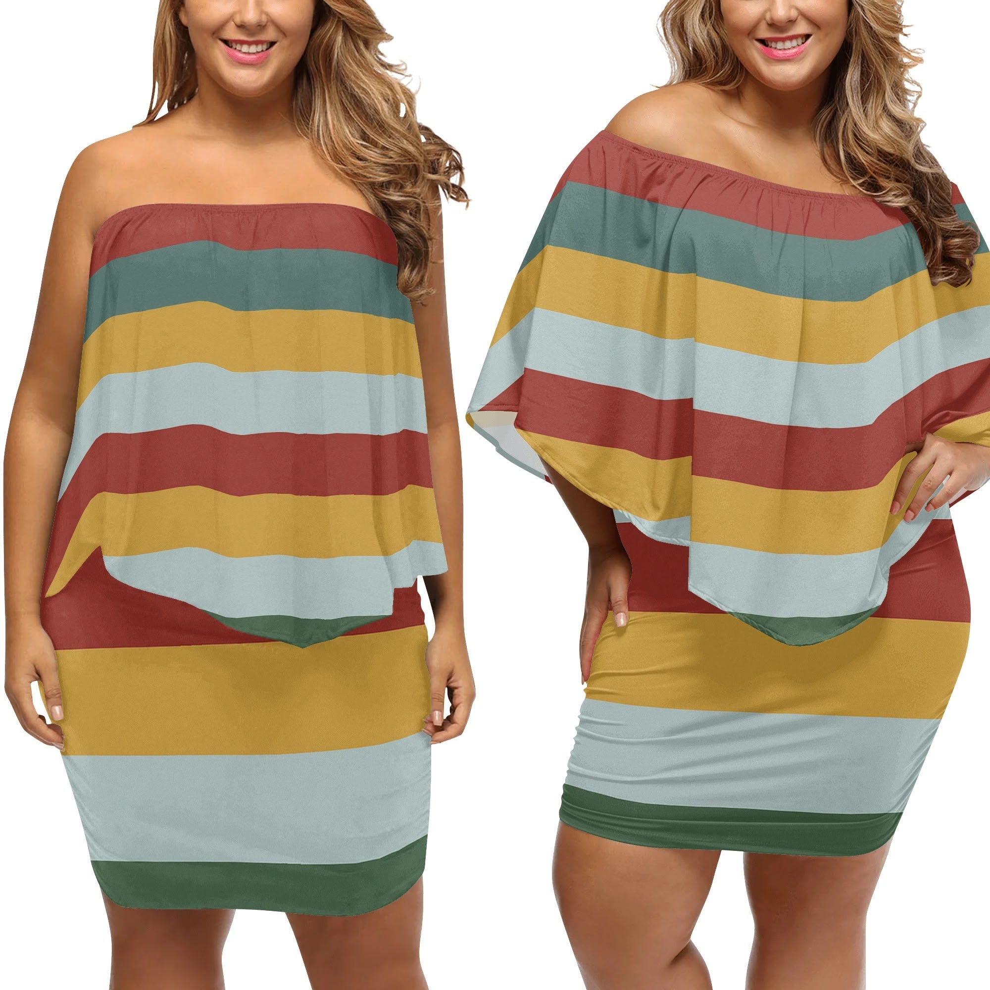 DDR-Retro-Streifen Kleid – Off-Shoulder-Design für kurvige Frauen