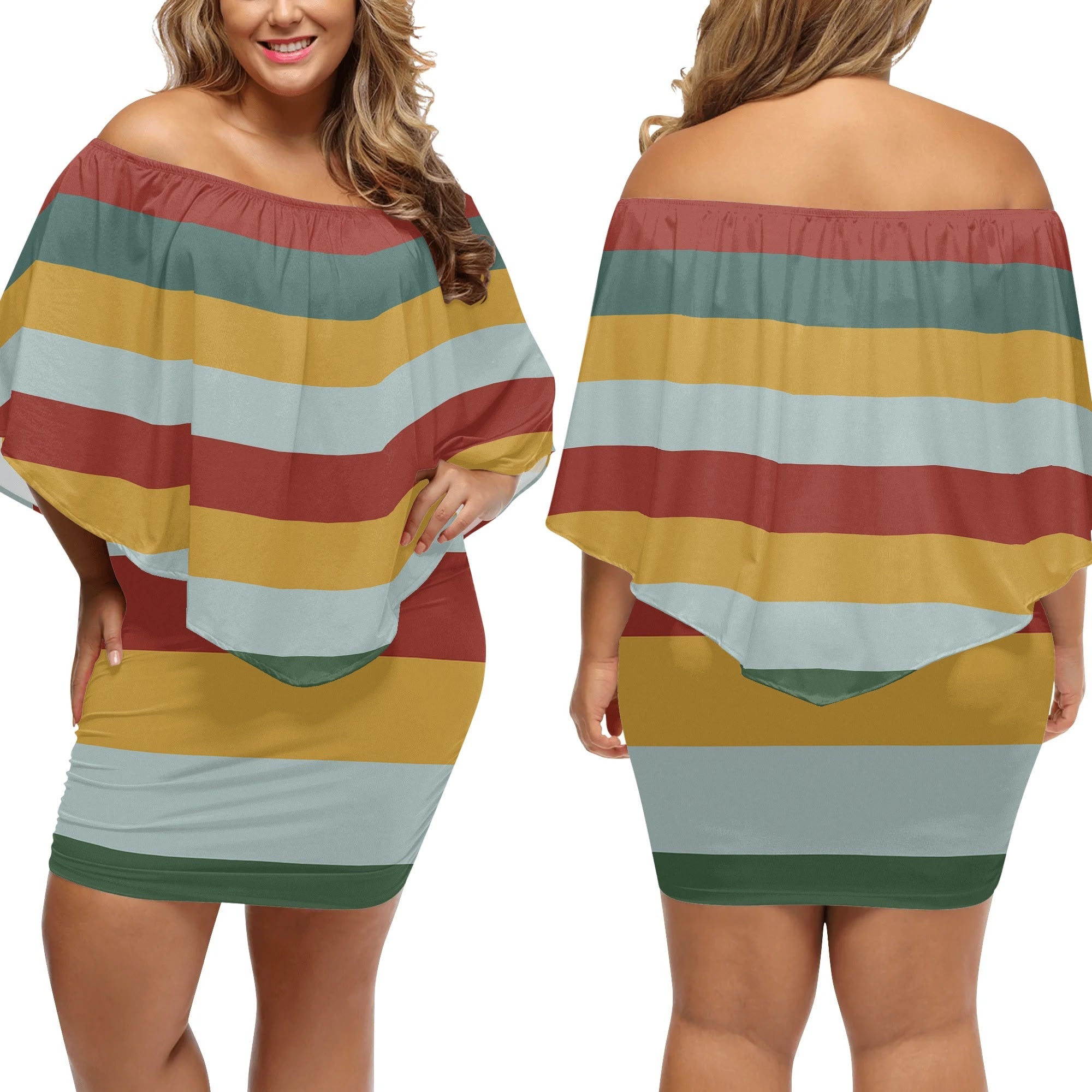 DDR-Retro-Streifen Kleid – Off-Shoulder-Design für kurvige Frauen