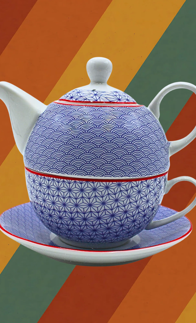 Porzellan Teeset im DDR Ostalgie Stil blau weiß