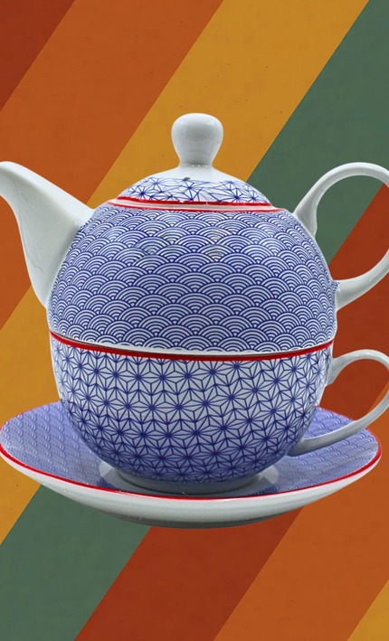 Porzellan Teeset im DDR Ostalgie Stil blau weiß