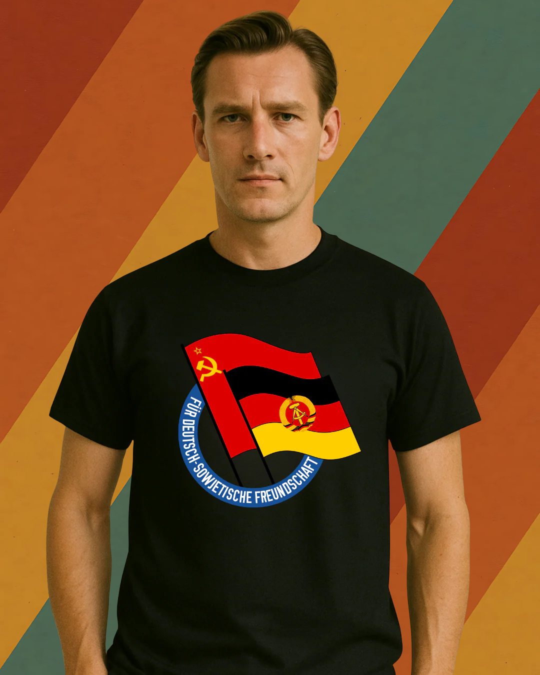 Männer T-DDR Freundschafts-Shirt mit Flaggenmotiv – Deutsch-sowjetische Solidarität
