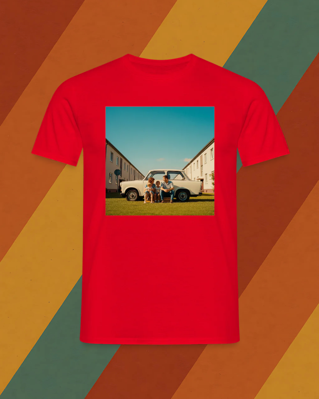 DDR T-Shirt – Familie vor weißem Trabi im Reihenhausviertel