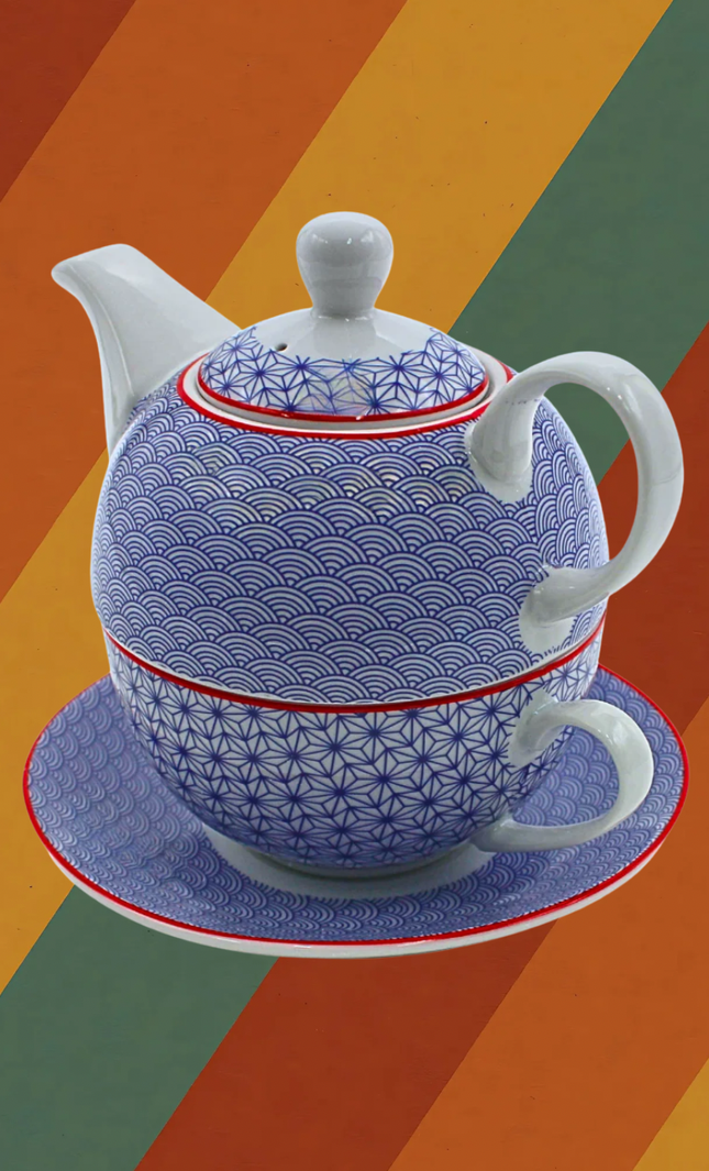 Porzellan Teeset im DDR Ostalgie Stil blau weiß