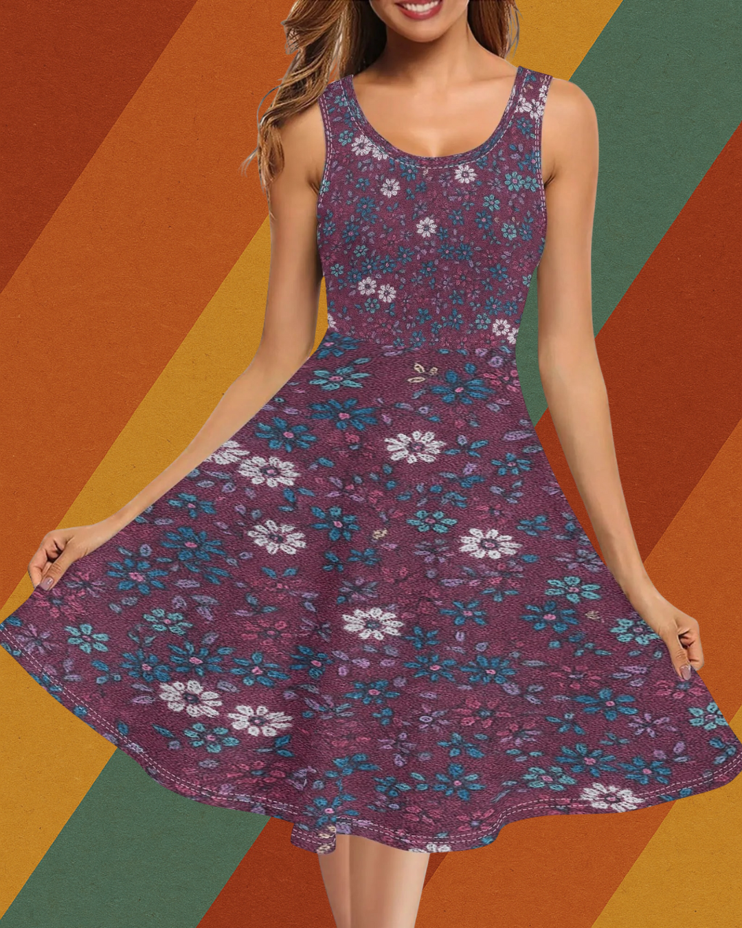 Florale Freiheit – Ärmelloses DDR Retro-Kleid mit Taschen