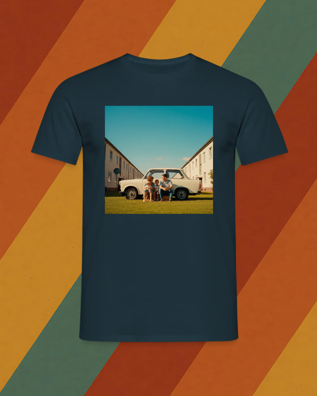 DDR T-Shirt – Familie vor weißem Trabi im Reihenhausviertel