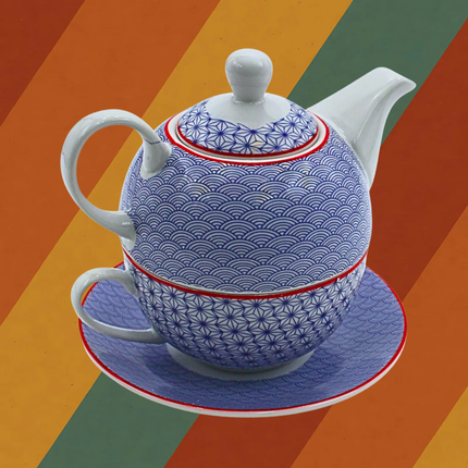 Porzellan Teeset im DDR Ostalgie Stil blau weiß