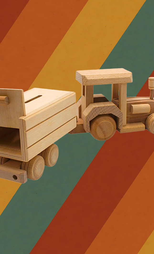 Spardose Traktor mit Anhänger aus massivem Holz