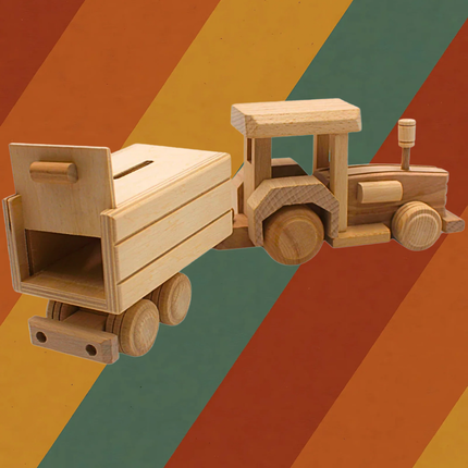 Spardose Traktor mit Anhänger aus massivem Holz