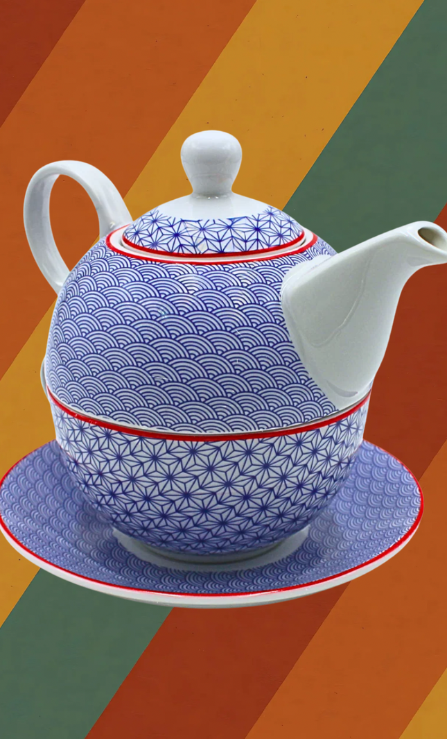 Porzellan Teeset im DDR Ostalgie Stil blau weiß