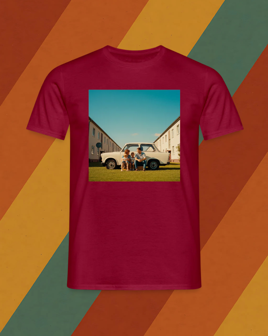 DDR T-Shirt – Familie vor weißem Trabi im Reihenhausviertel