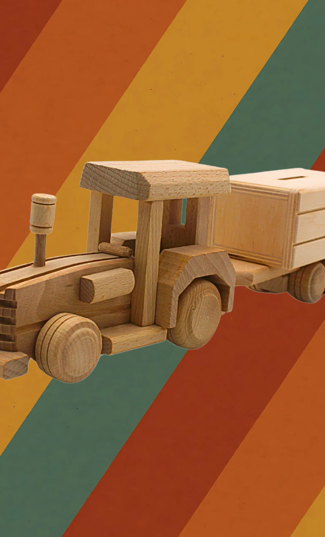 Spardose Traktor mit Anhänger aus massivem Holz