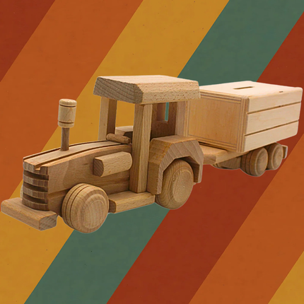 Spardose Traktor mit Anhänger aus massivem Holz