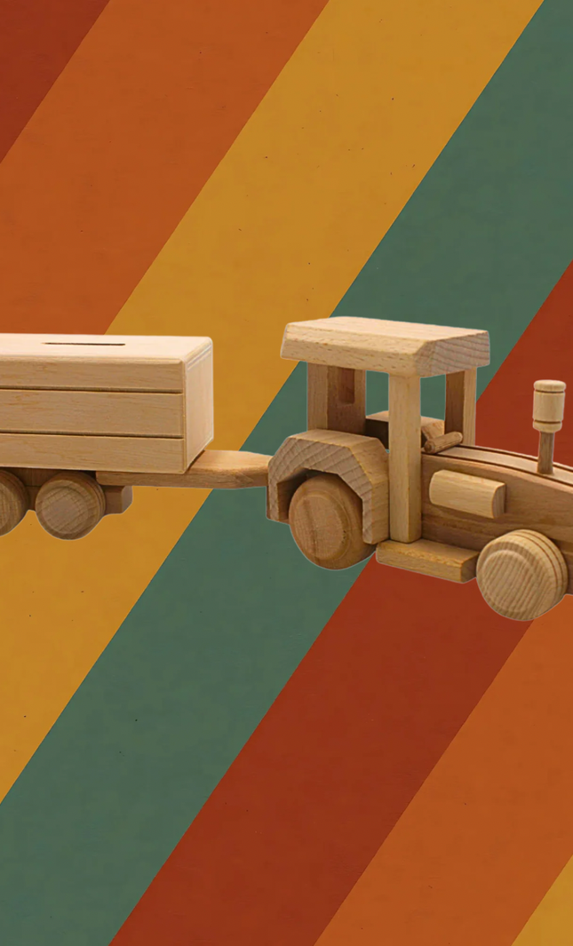 Spardose Traktor mit Anhänger aus massivem Holz
