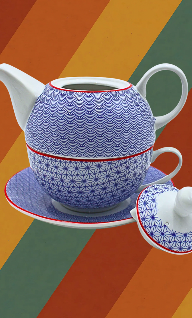 Porzellan Teeset im DDR Ostalgie Stil blau weiß