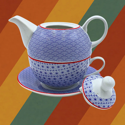 Porzellan Teeset im DDR Ostalgie Stil blau weiß