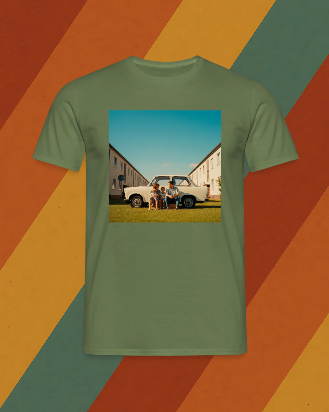 DDR T-Shirt – Familie vor weißem Trabi im Reihenhausviertel