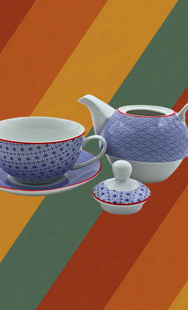 Porzellan Teeset im DDR Ostalgie Stil blau weiß