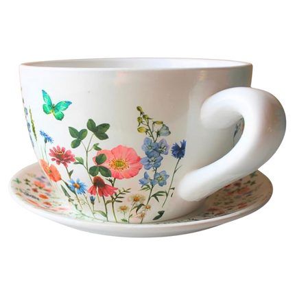 XXL Pflanztopf "Teetasse" mit Unterteller – Wiesenblumen-Motiv (25 cm)