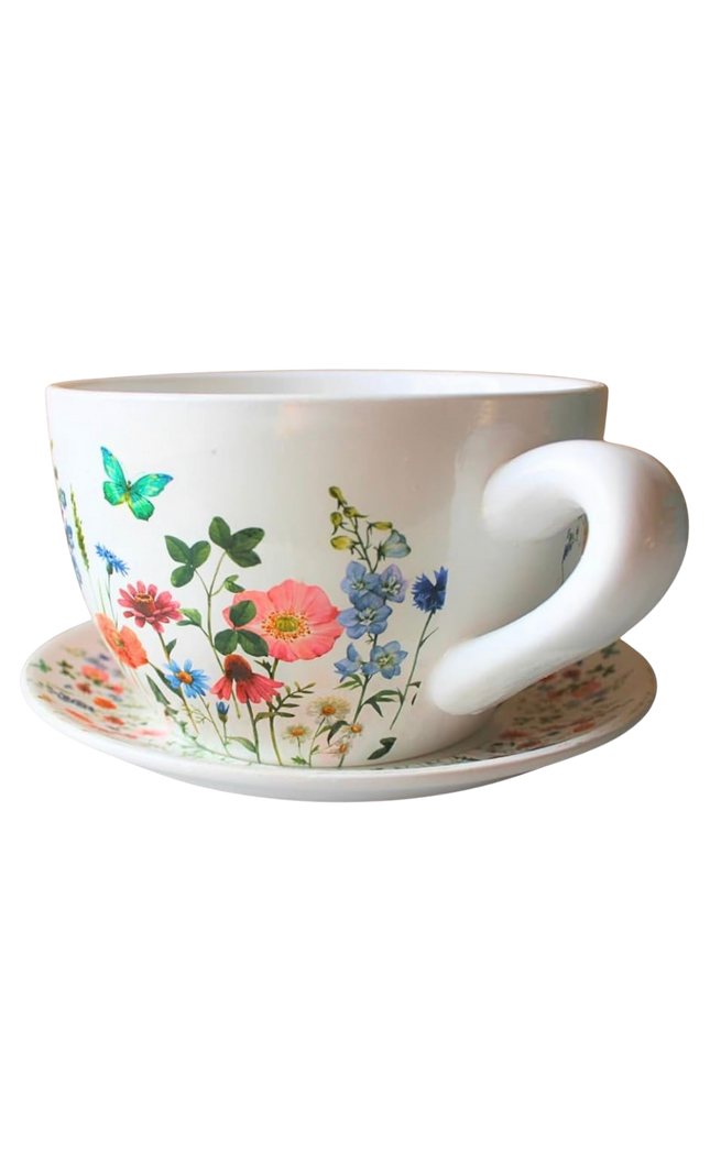 XXL Pflanztopf "Teetasse" mit Unterteller – Wiesenblumen-Motiv (25 cm)
