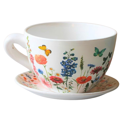 XXL Pflanztopf "Teetasse" mit Unterteller – Wiesenblumen-Motiv (25 cm)