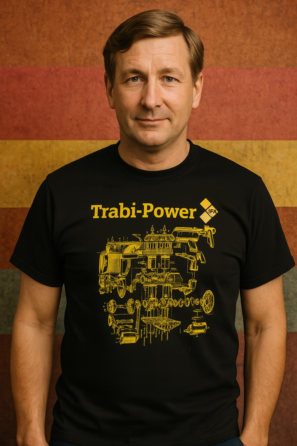 Trabi-Power T-Shirt – IFA Explosionszeichnung in Gelb auf Schwarz