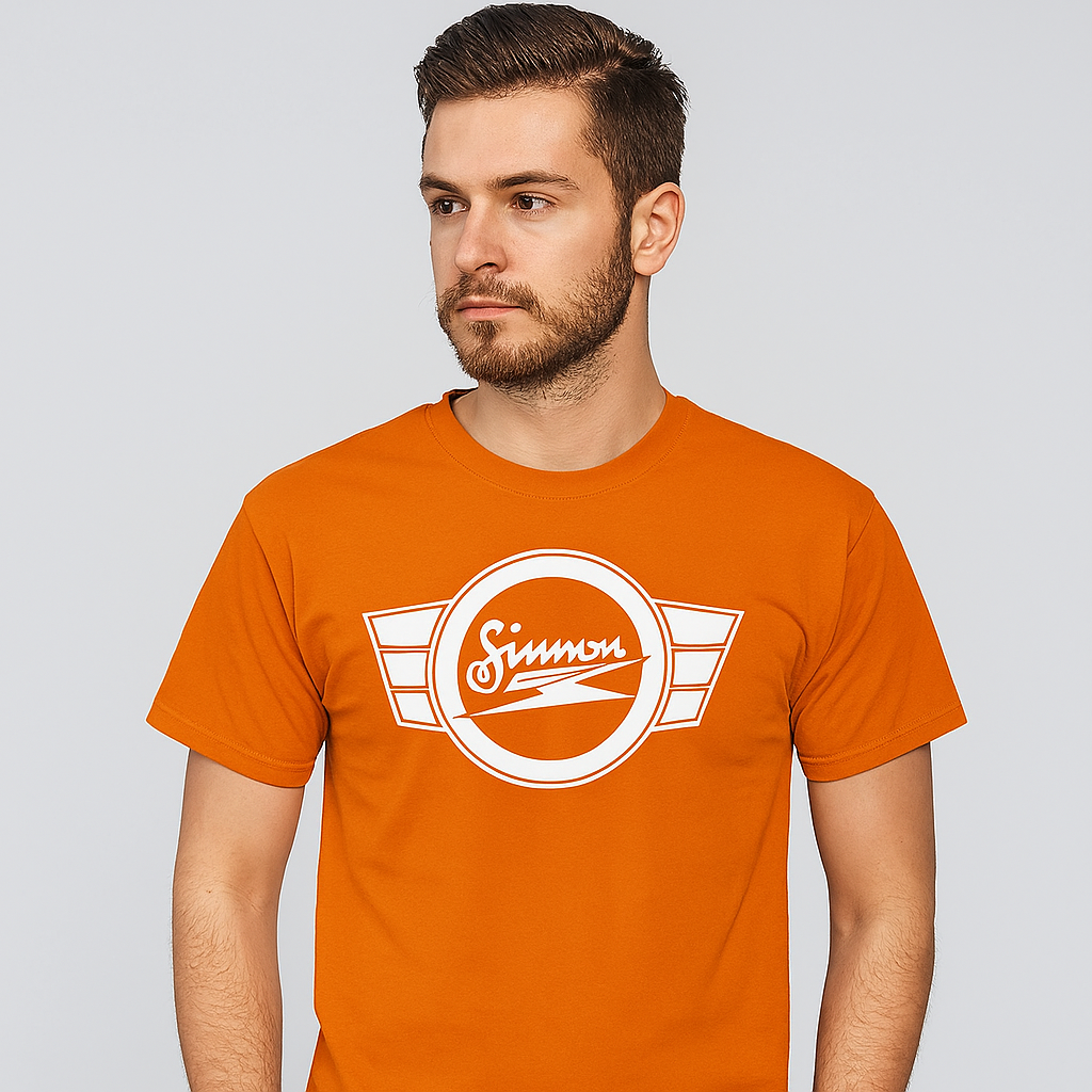 Simson Kult T-Shirt – Orange mit Kultlogo und Blitzflügeln