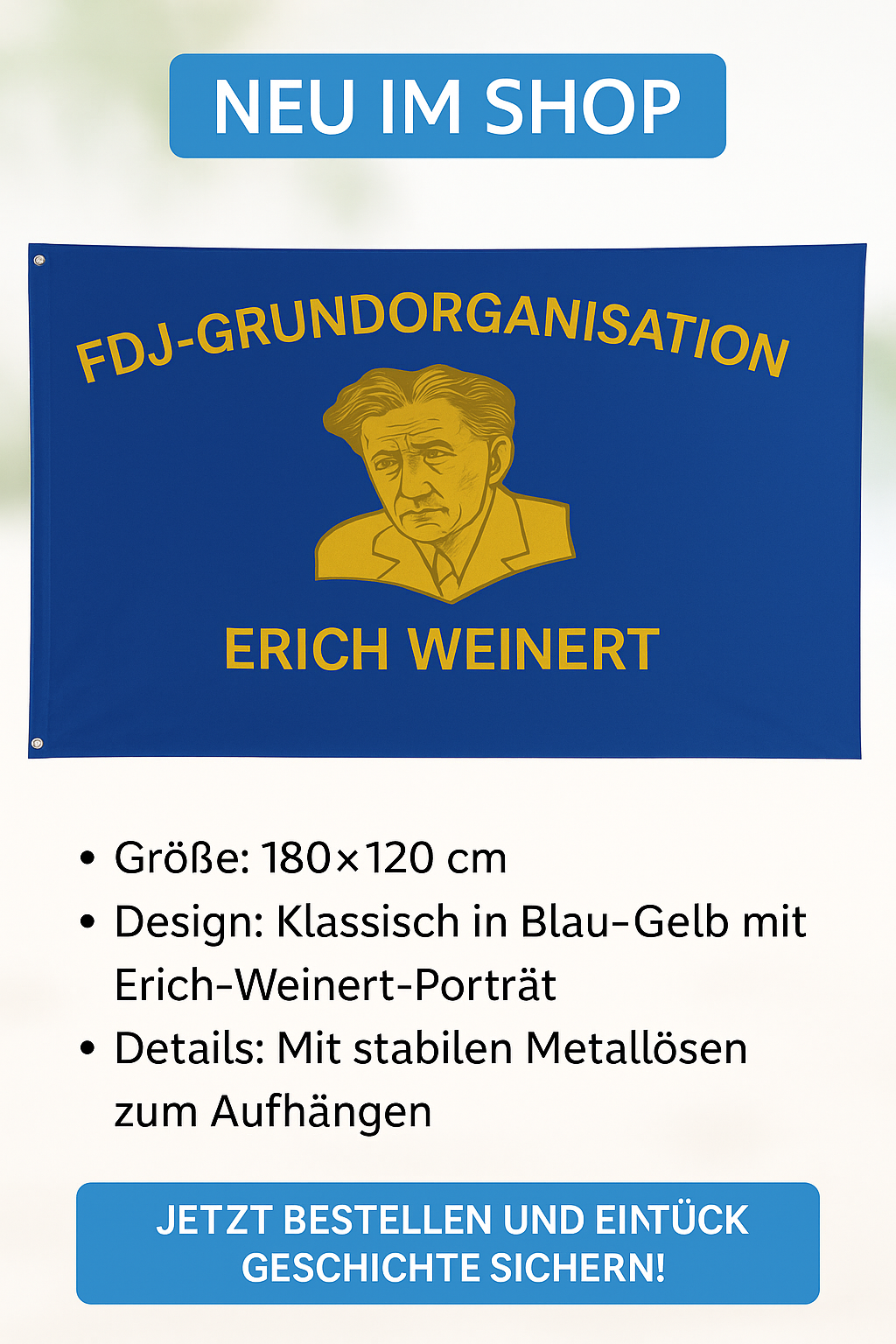 FDJ Flagge Erich Weinert – Blau-Gelb Klassiker