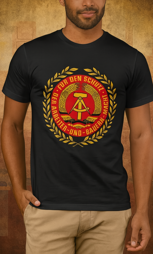 DDR Wappen T-Shirt mit Slogan – Für den Schutz der Arbeiter- und Bauern-Macht