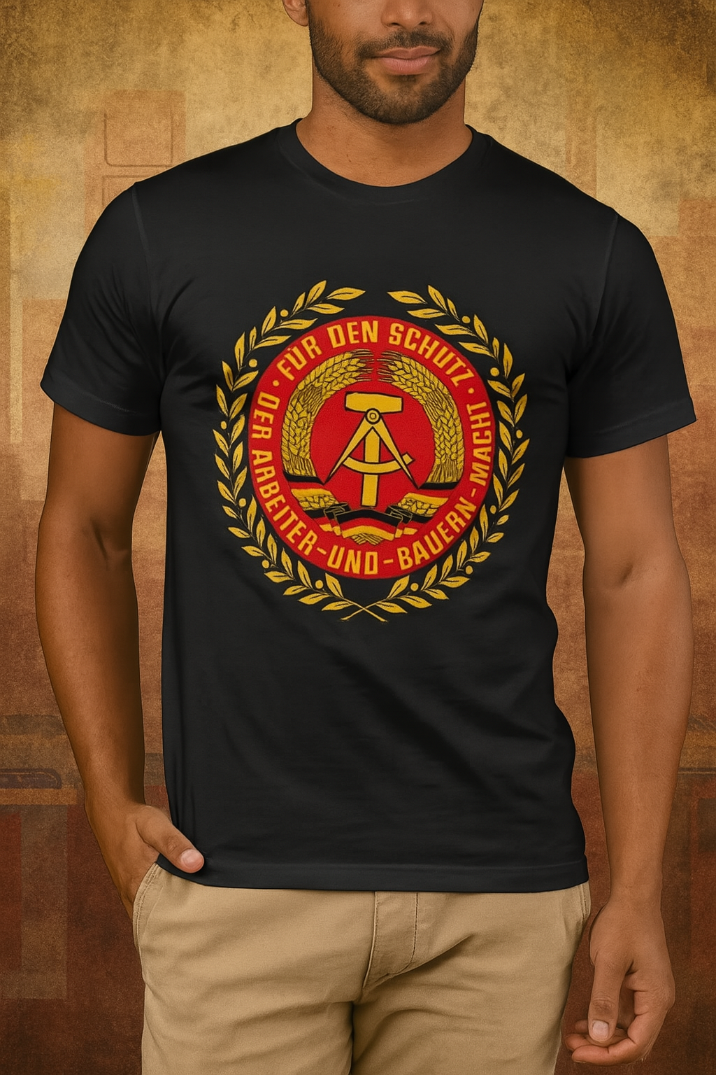 DDR Wappen T-Shirt mit Slogan – Für den Schutz der Arbeiter- und Bauern-Macht