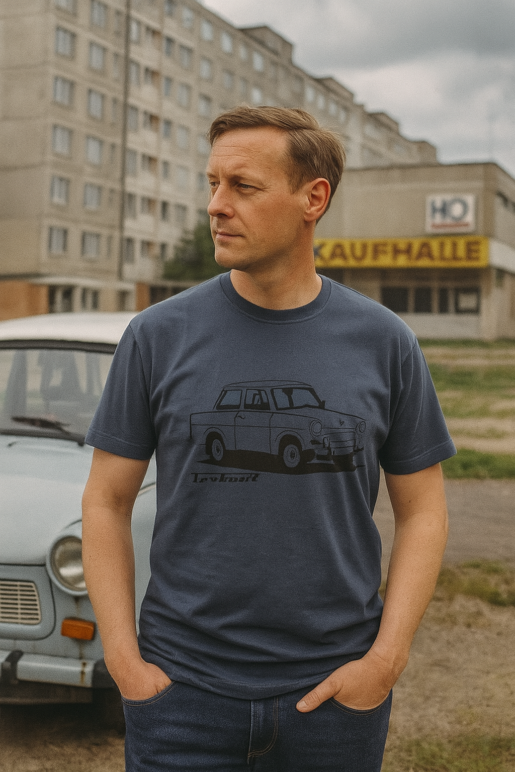 Trabant T-Shirt mit Kultauto-Aufdruck – DDR Klassiker in Schwarz auf Blau