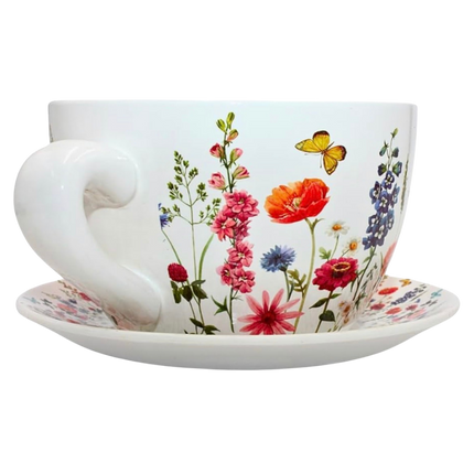 XXL Pflanztopf "Teetasse" mit Unterteller – Wiesenblumen-Motiv (25 cm)