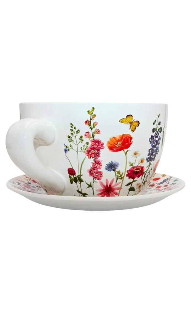 XXL Pflanztopf "Teetasse" mit Unterteller – Wiesenblumen-Motiv (25 cm)